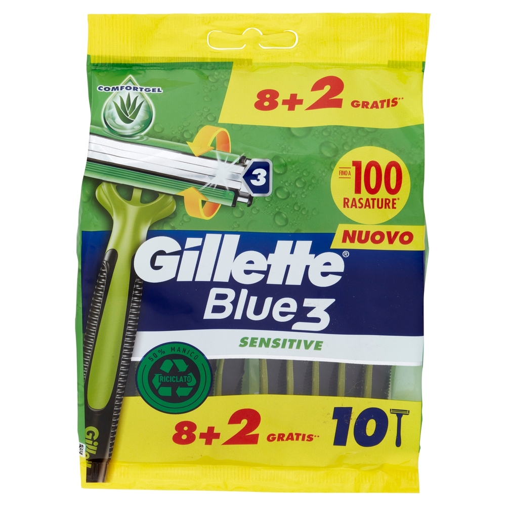Gillette Rasoio Uomo Blue3 Sensitive Usa e Getta a 3 Lame, Confezione da 8 rasoi+2 Gratis = 10 Rasoi